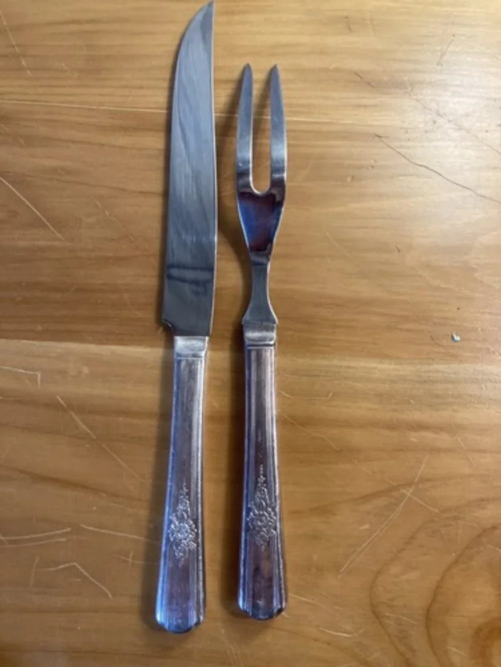 VTG‎ Carver Set Stainless Utensils Cutlery 2 Piece Meat Fork Knife Floral